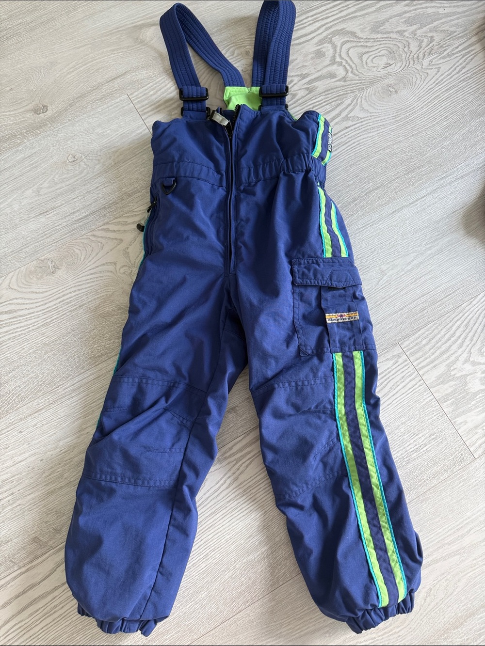 Obermeyer Navy Blue Overalls with Lime Green Stripes